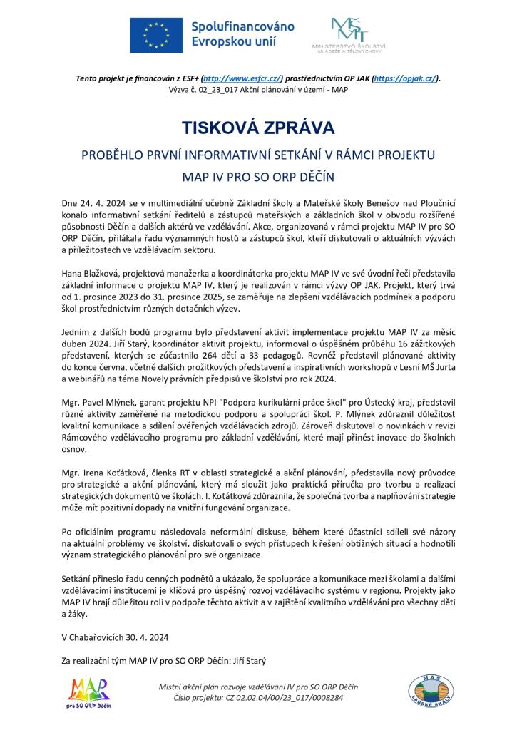 Tisková zpráva - Informativní setkání - 24. 4. 2024